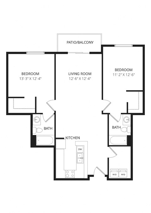 Floor plan for 2 beds, 2 baths, 1292 sqft